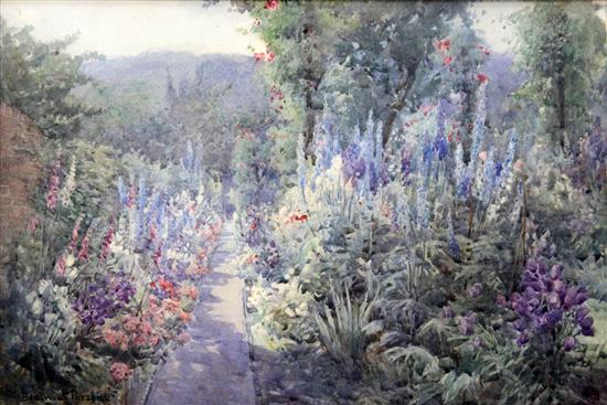 Attributed to Beatrice Parsons Herbaceous borders in a garden 9 x 13.5in.